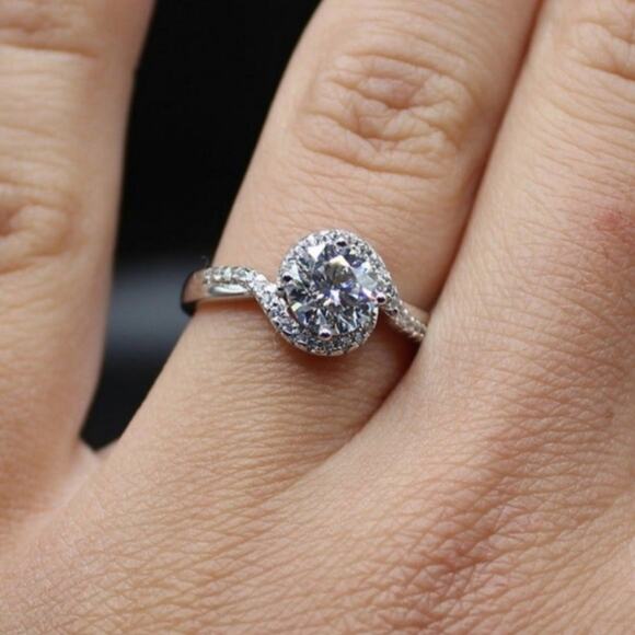 Moissanite Twist Band Engagement Ring Crystal Waves Halo Silver 7 NWT - Picture 7 of 10